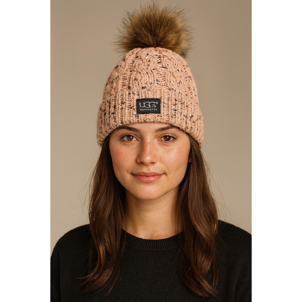 UGG Tan Knit Beanie with Faux Fur Pom